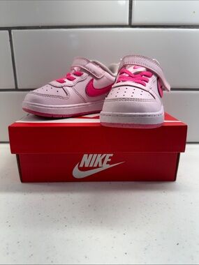 Nike Kids Light Pink Sneakers with Hot Pink Swoosh